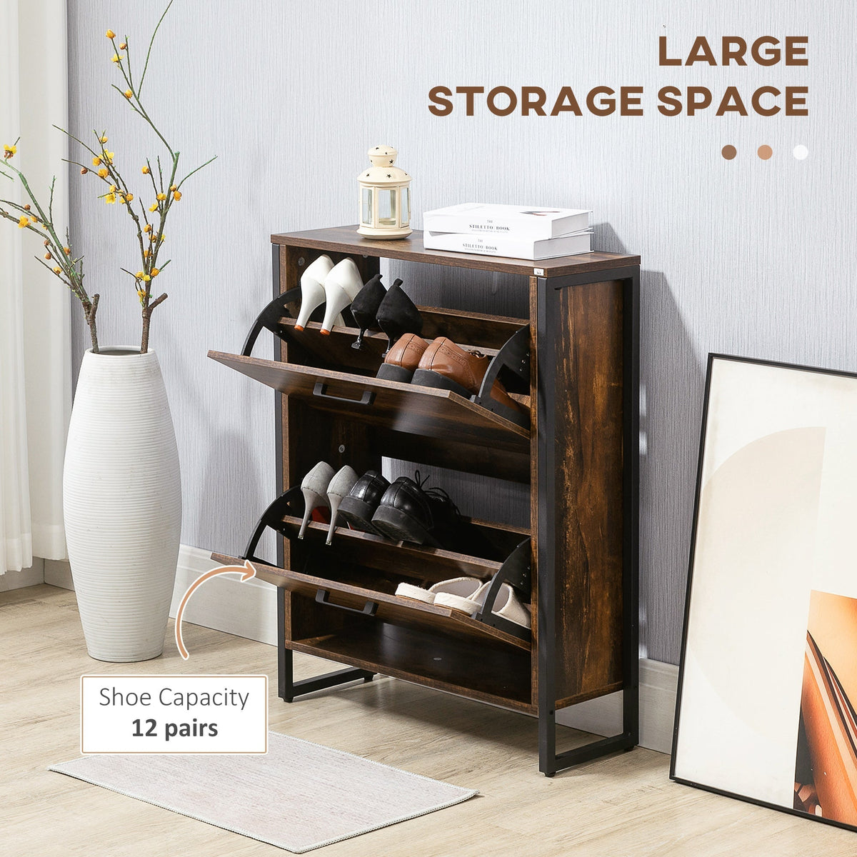 Open flip doors of the shoe storage cabinet showing capacity for 12 pairs of shoes