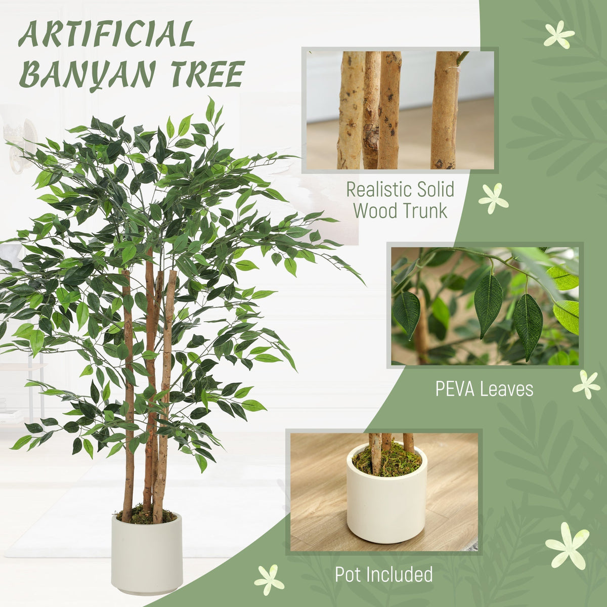 Close up of the artificial banyan tree trunk and leaves, with pot included