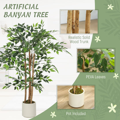 Close up of the artificial banyan tree trunk and leaves, with pot included