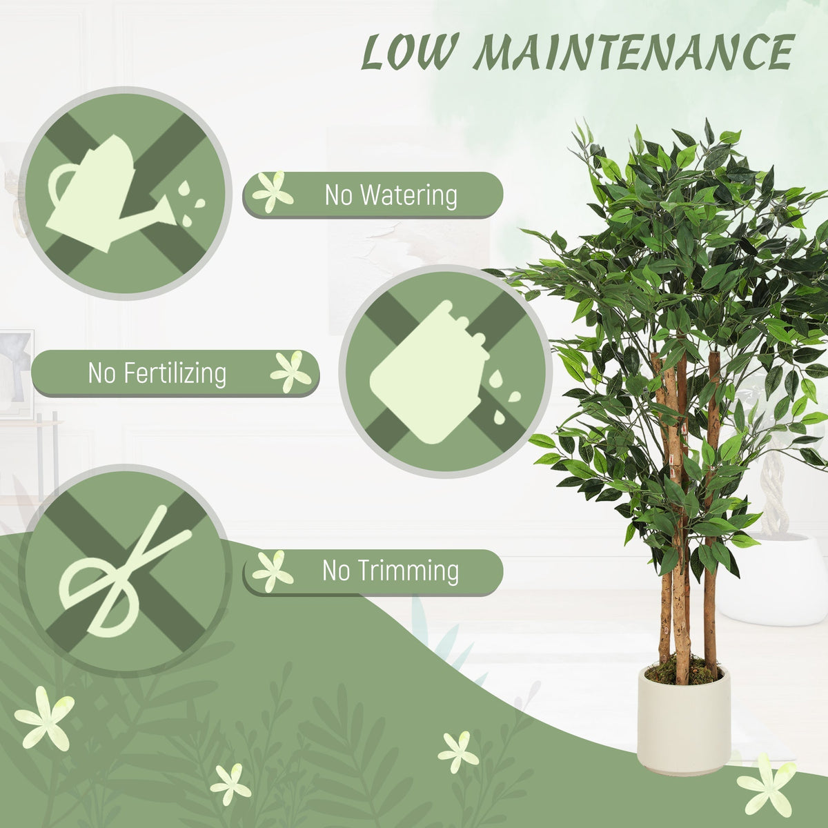 The artificial plant showing low maintenance benefits like no watering or fertilizing