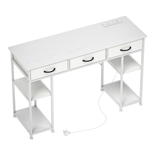 HOMCOM 120cm Computer Desk with Power Outlets, a white study table with drawers and shelves