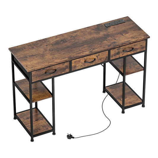 HOMCOM 120cm Computer Desk with Power Outlets, a rustic brown wooden top with black metal legs and three drawers