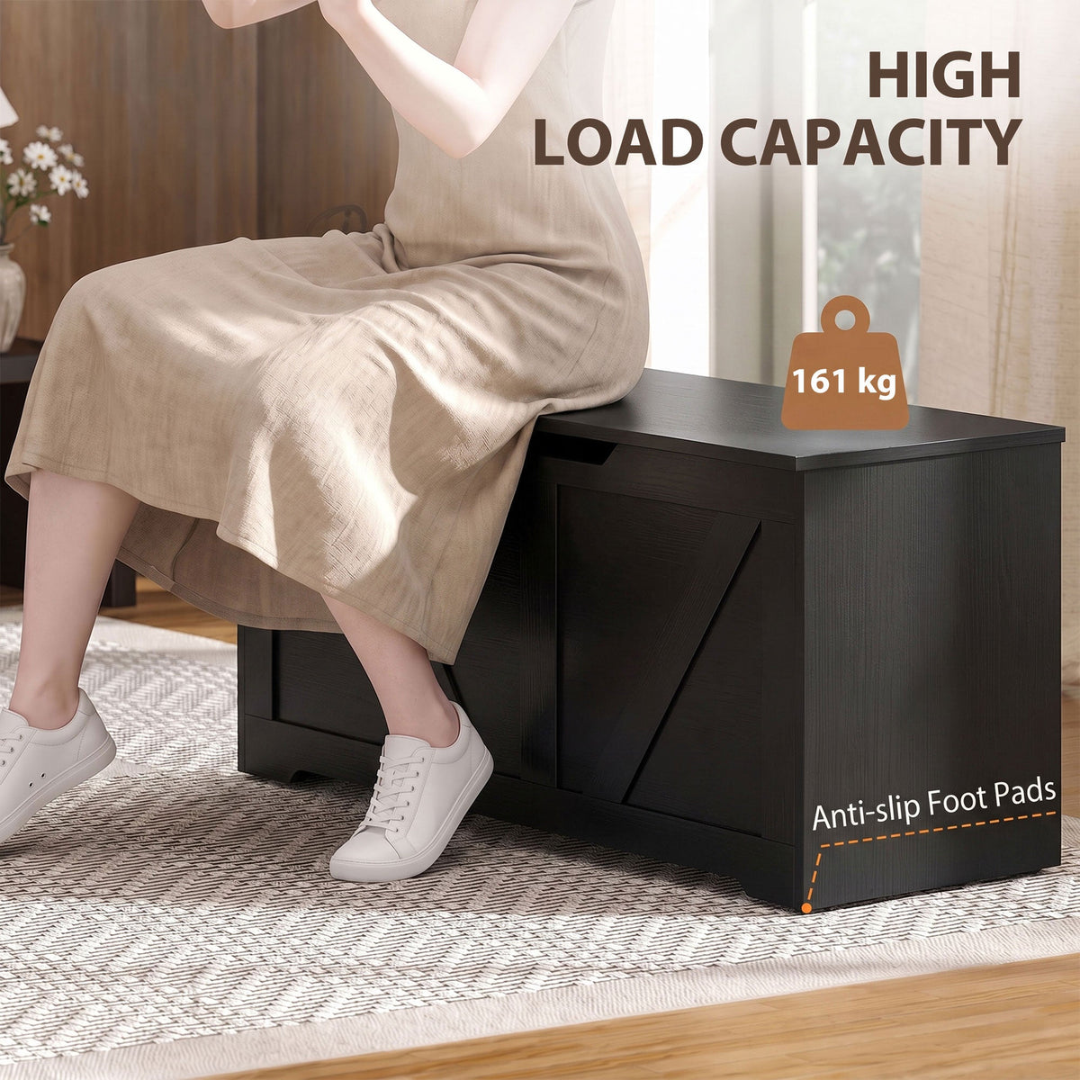 Person sitting on a storage cabinet demonstrating high load capacity