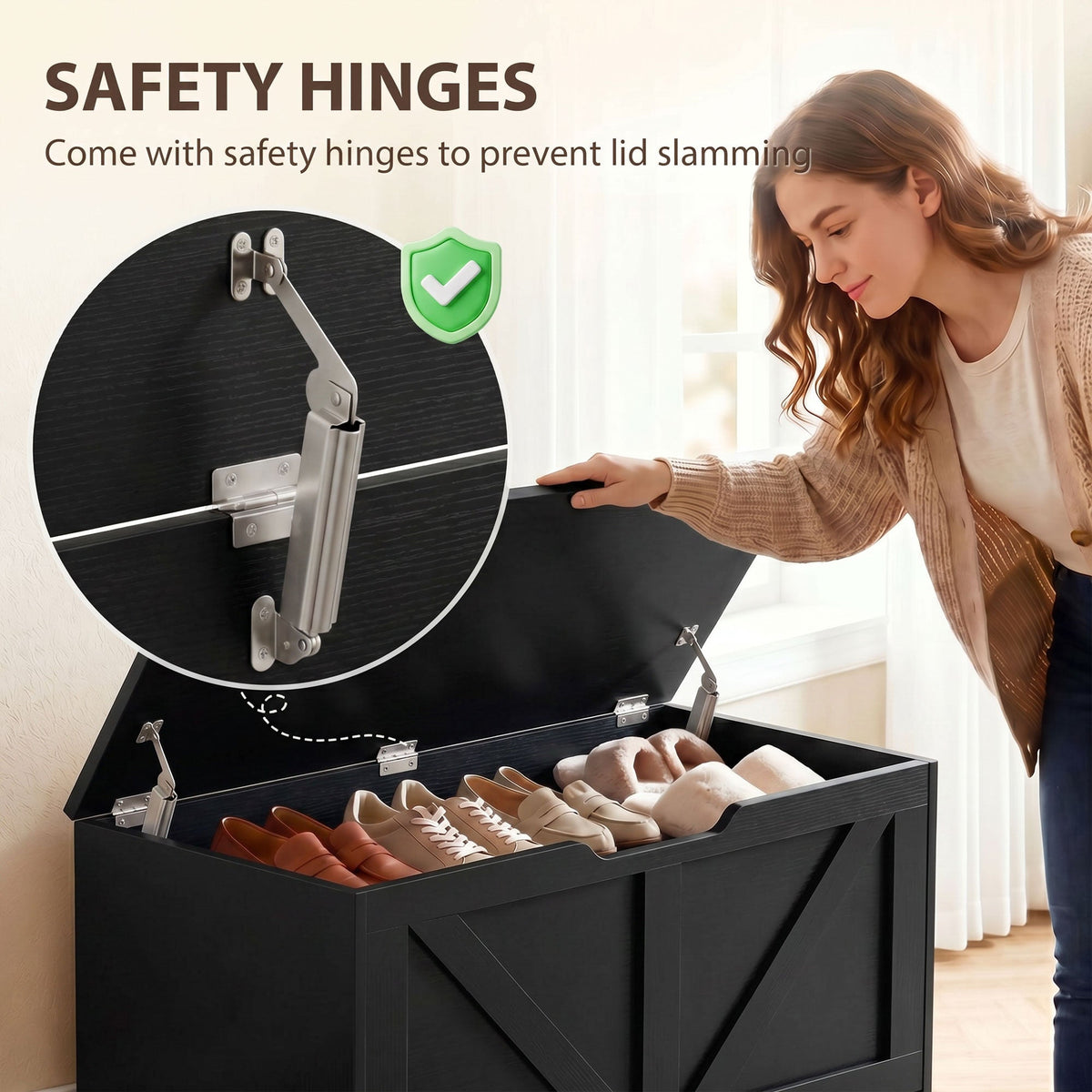 Close up of safety hinges on the storage cabinet lid
