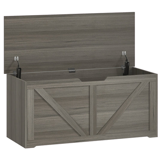 HOMCOM 127L Home Storage Box with a dark grey wood-effect finish and open lid with safety hinges