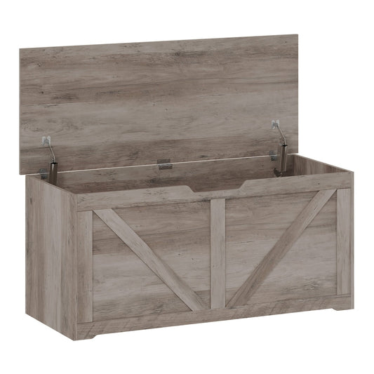 HOMCOM 127L Home Storage Box with safety hinges in a grey wood-effect finish