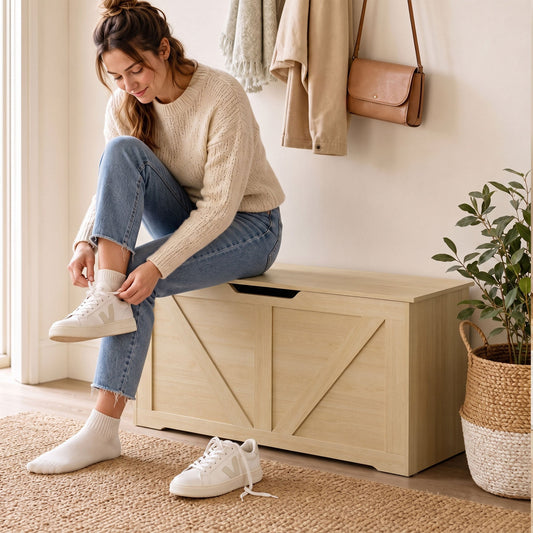 Woman sitting on the storage box to tie her shoes in a hallway