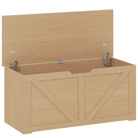 HOMCOM 127L Home Storage Box with safety hinges and a nature wood finish