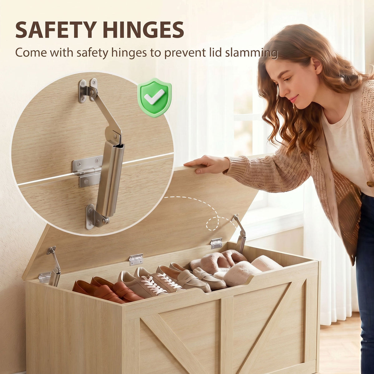 Close up of safety hinges on the storage cabinet lid