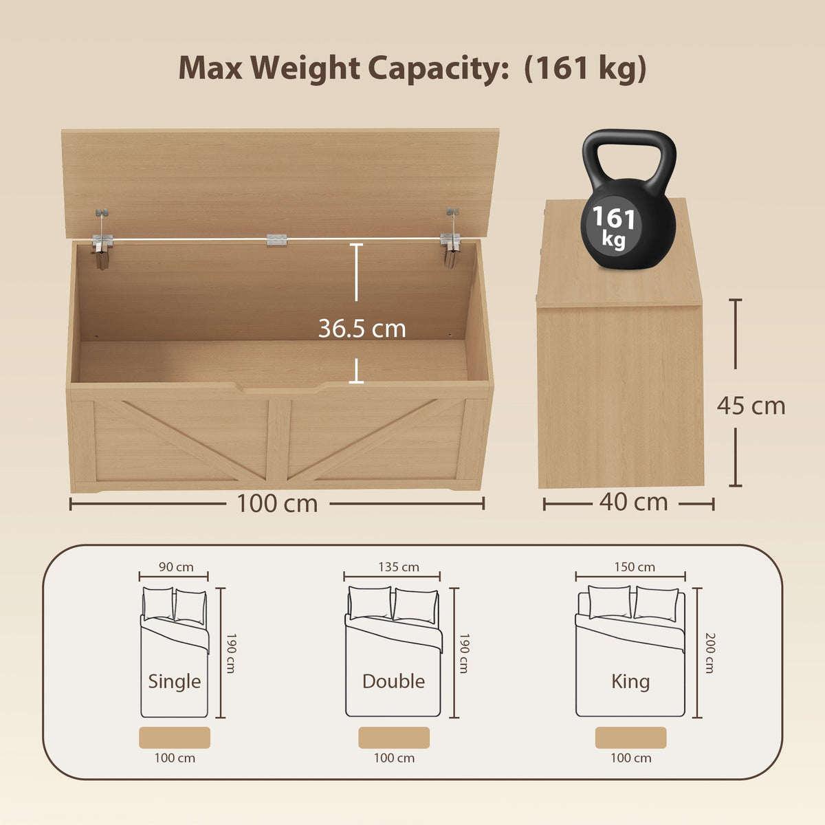 Dimensions of the storage cabinet and comparison with bed sizes