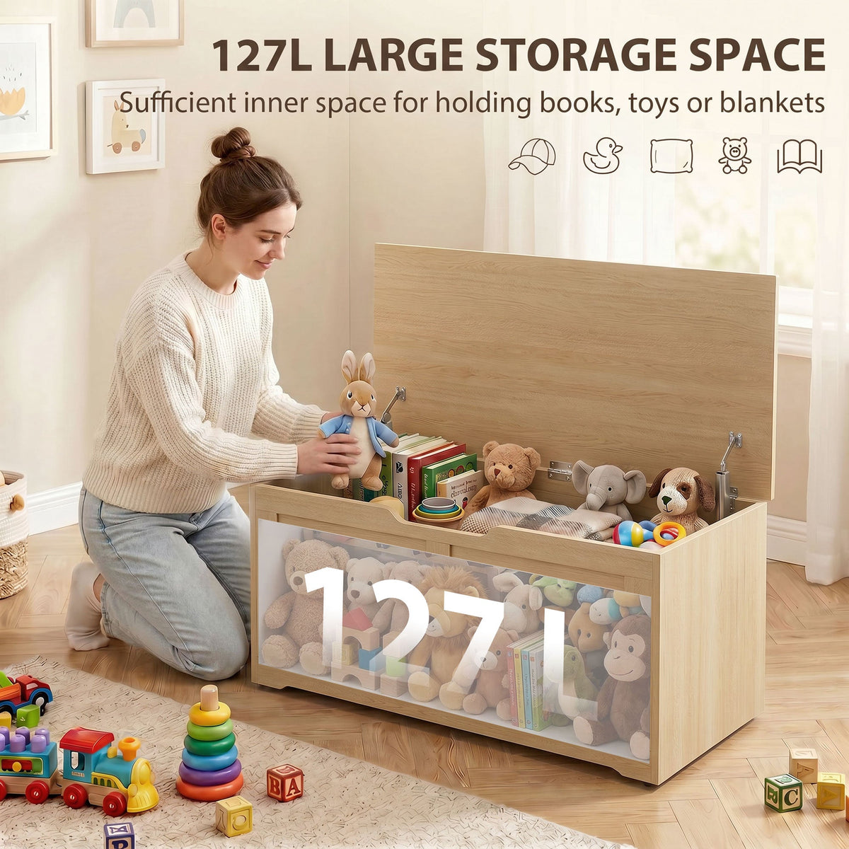 Storage cabinet filled with toys and bedding, showing 127L capacity