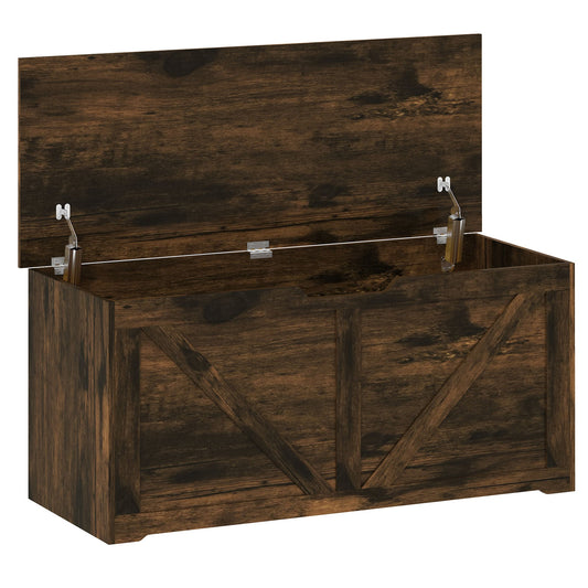 HOMCOM 127L Home Storage Box with safety hinges in rustic brown wood-effect