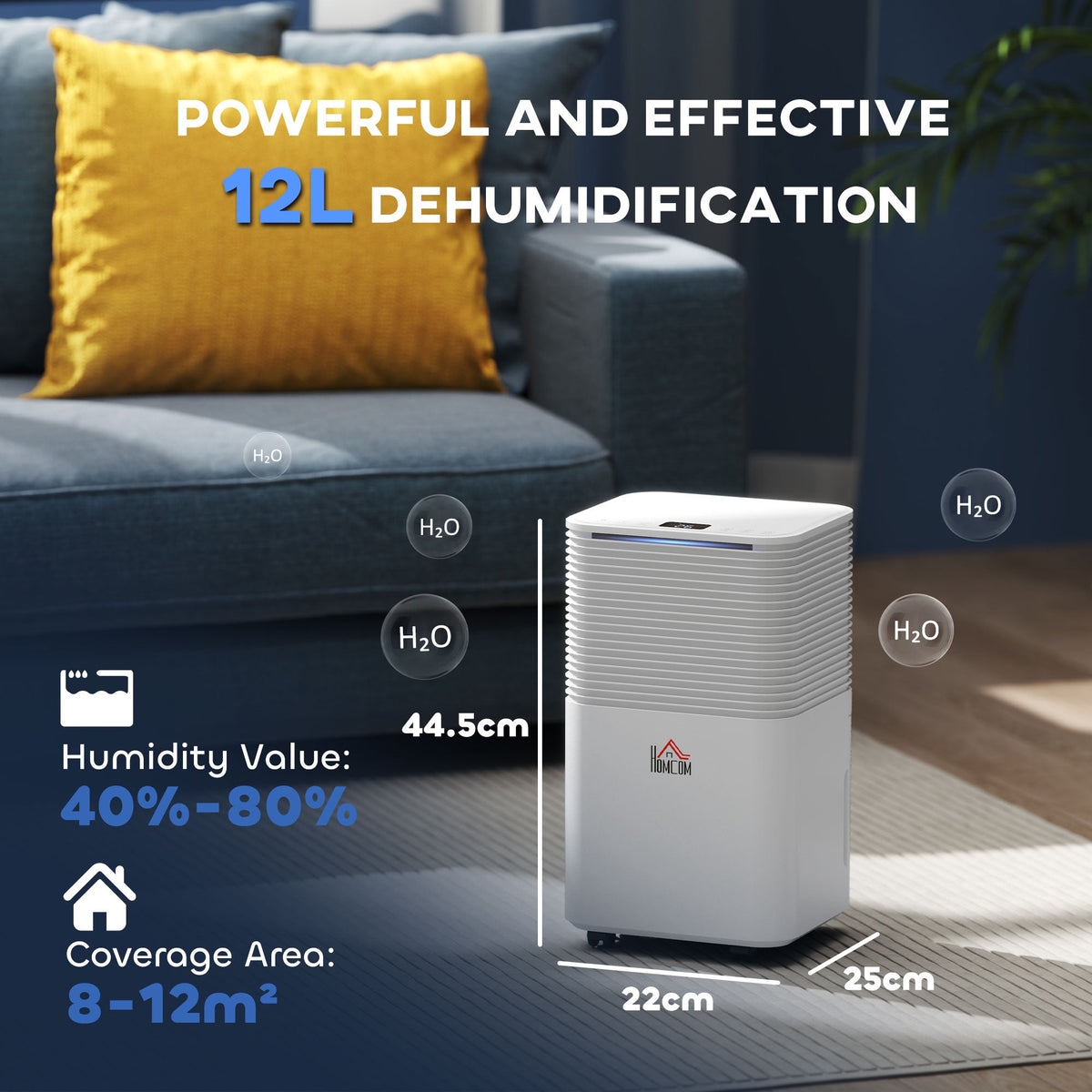The portable quiet dehumidifier showing its dimensions and coverage area