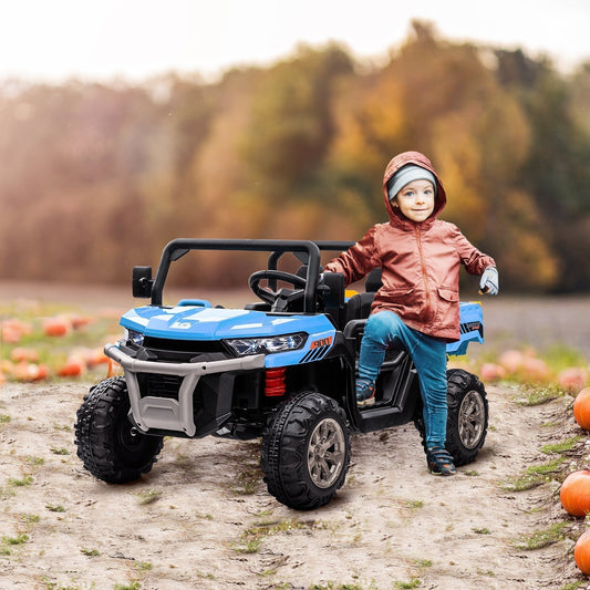 A young child stands next to the blue kids electric ride-on car in an outdoor setting