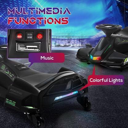 Close-up of the multimedia functions on the black kids electric go kart, showing USB and power ports