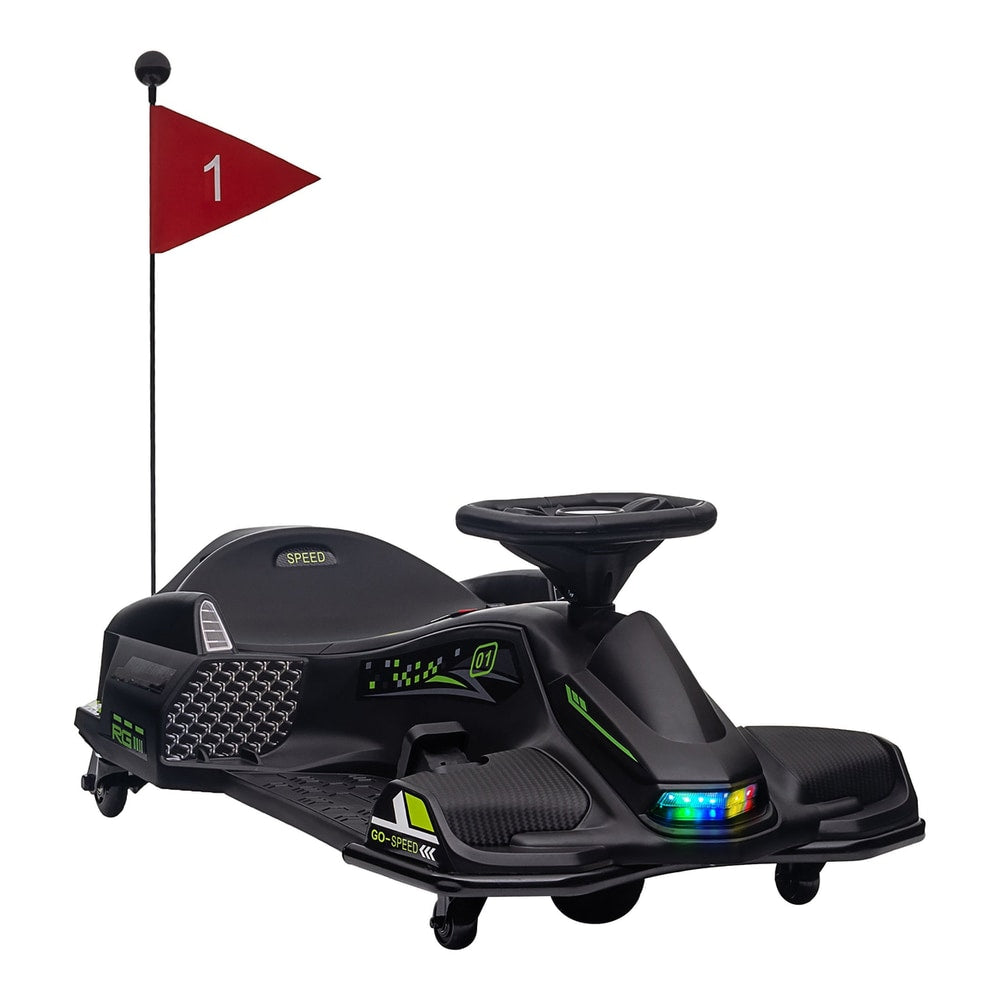 HOMCOM 12V Kids Electric Go Kart with Music, a black ride-on toy with a red flag on the back