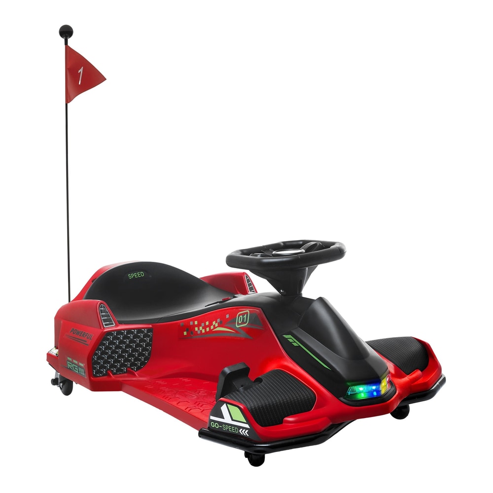 HOMCOM 12V Kids Electric Go Kart with Music, a red ride-on car with a flag on the back