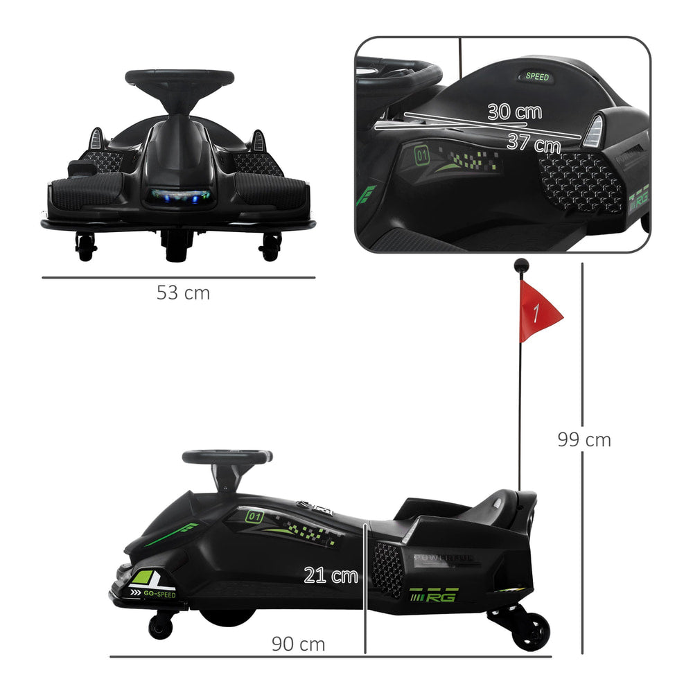 Dimensions of the black kids electric go kart shown with lines and measurements