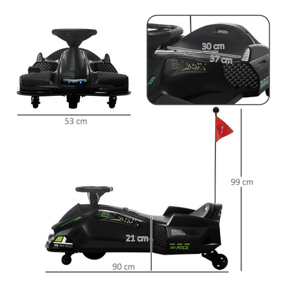 Dimensions of the black kids electric go kart shown with lines and measurements