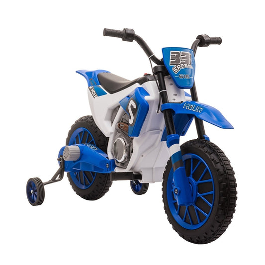 HOMCOM 12V Kids Electric Motorcycle Ride-On in blue with training wheels, a white seat and black handlebars