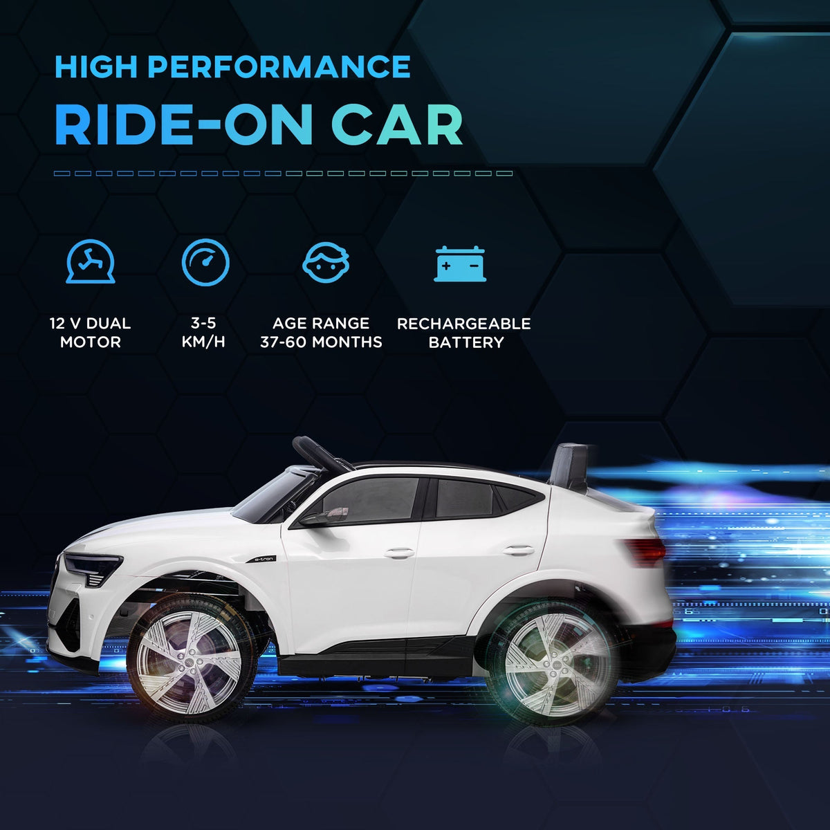 The white kids electric ride-on car features high performance and a rechargeable battery