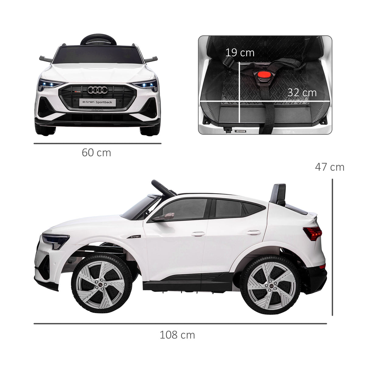 Size diagram of the white kids electric ride-on car showing dimensions