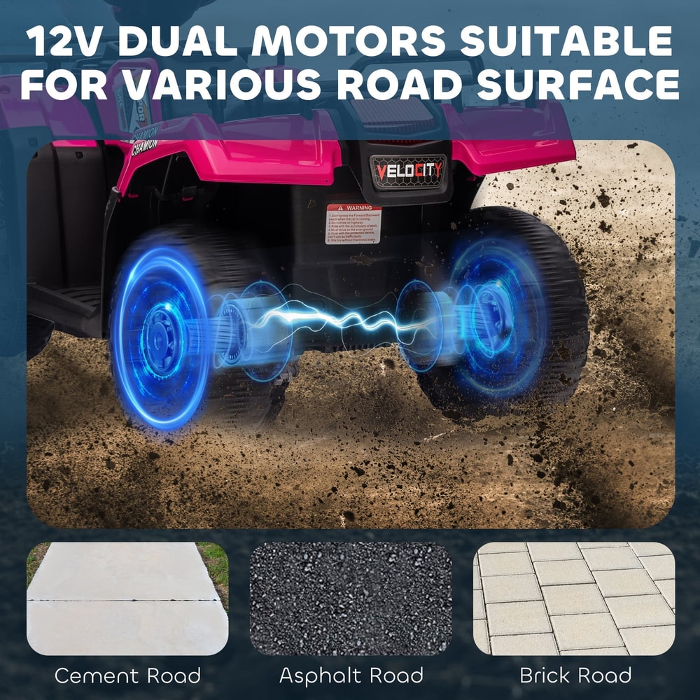 The kids ride-on quad bike showing the dual motor power on different road surfaces