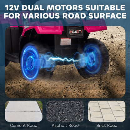 The kids ride-on quad bike showing the dual motor power on different road surfaces