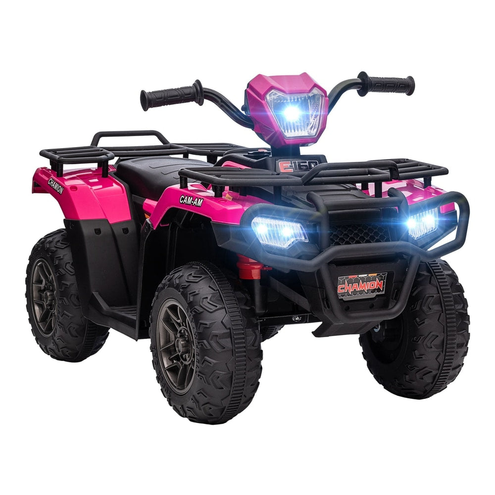 HOMCOM 12V Kids Quad Bike with Forward in pink with bright LED headlights illuminated