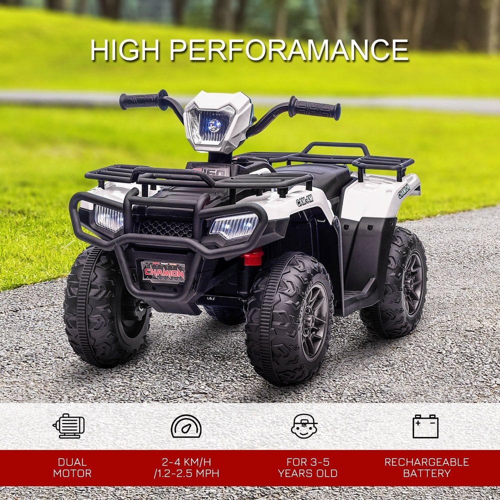 White kids electric quad bike with text about high performance and features
