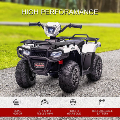 White kids electric quad bike with text about high performance and features