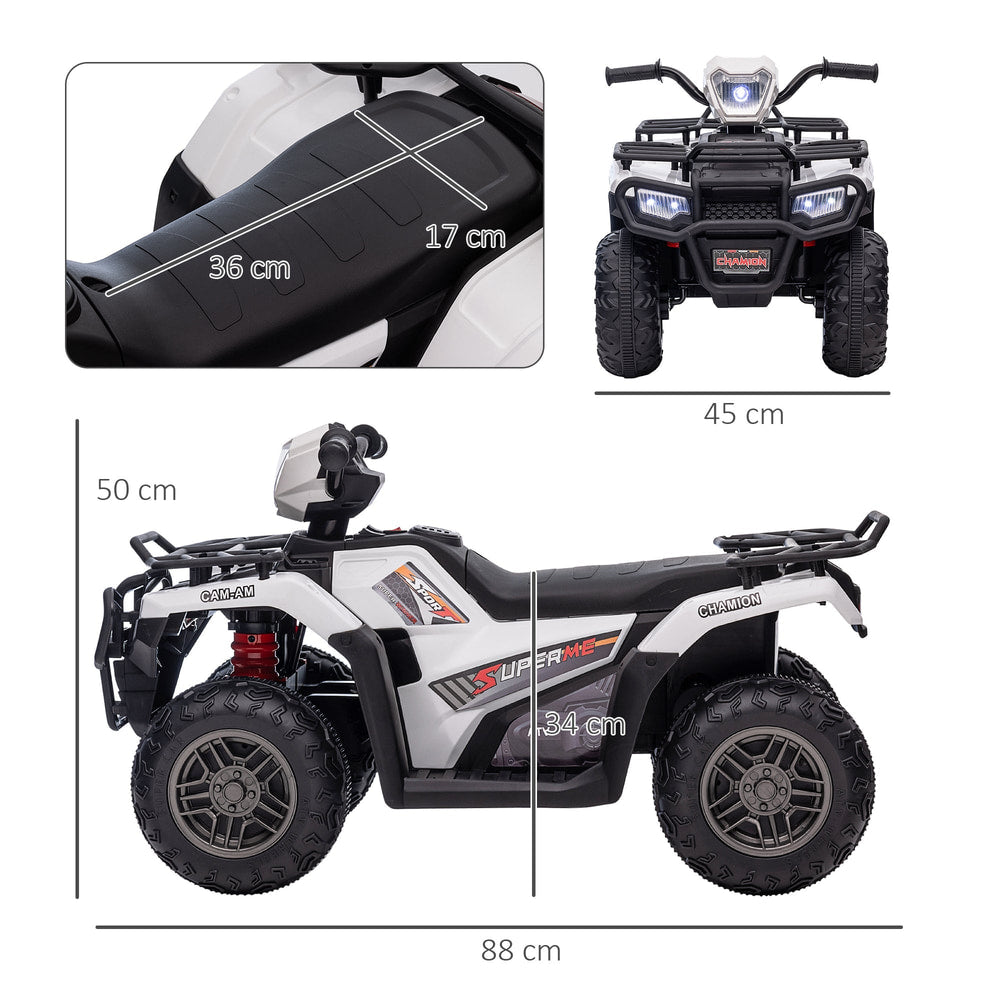 Size diagram of the white kids electric quad bike showing dimensions