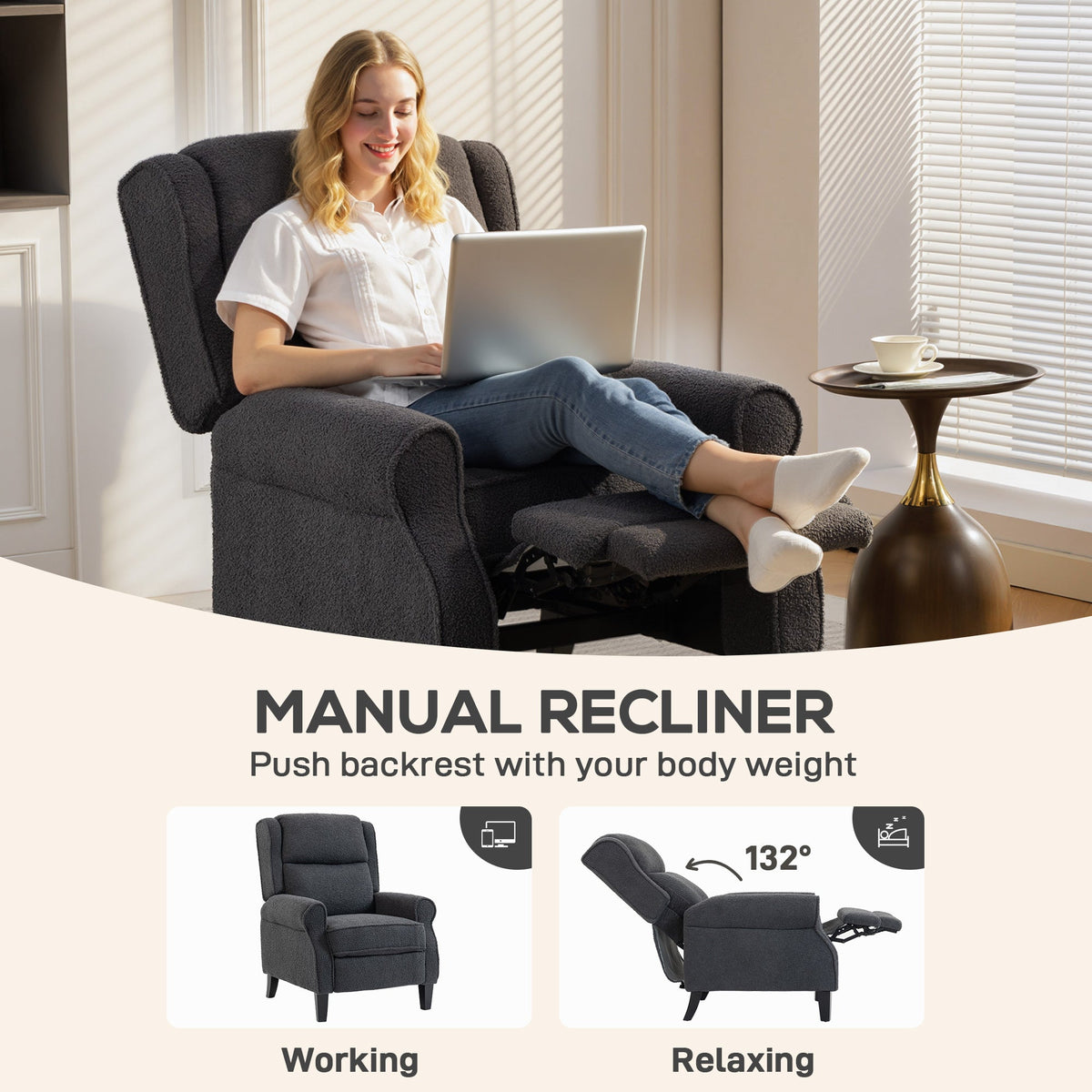 Close up of the recliner armchair mechanism and fabric texture
