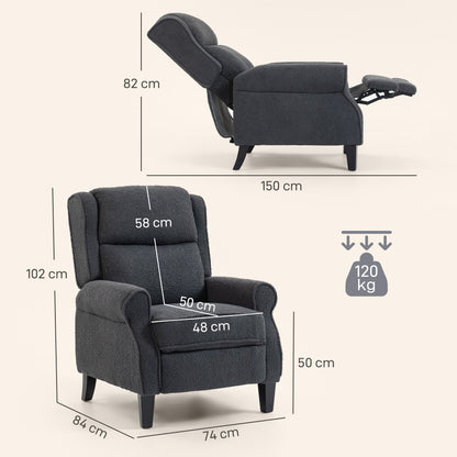 Dimensions diagram for the dark grey recliner armchair showing height and width