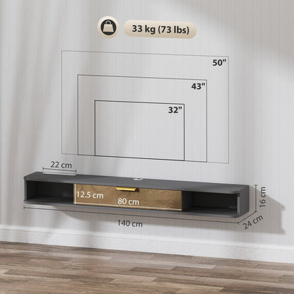 Size diagram of the floating TV unit showing dimensions and weight capacity