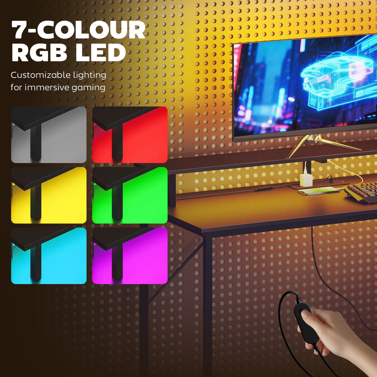 Gaming desk with customizable RGB LED lighting options in red, green, blue, and purple