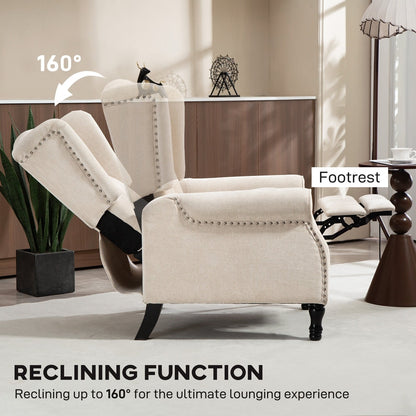 Close-up of the beige reclining armchair showing the footrest extended and the reclining angle