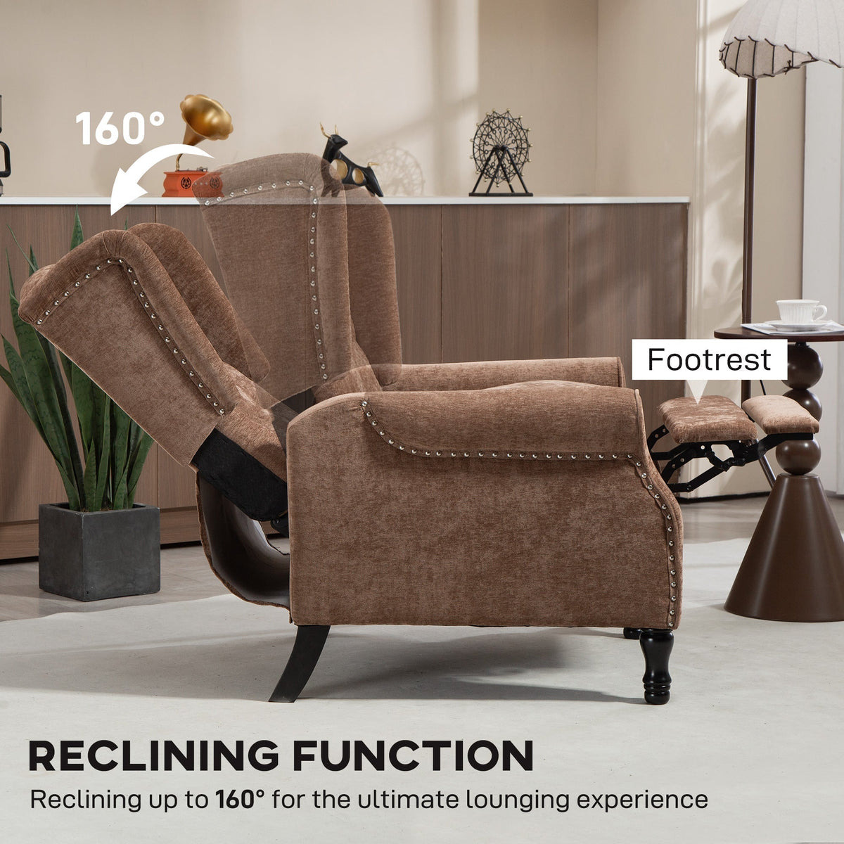 The reclining armchair shown from the side demonstrating the backrest tilted backwards