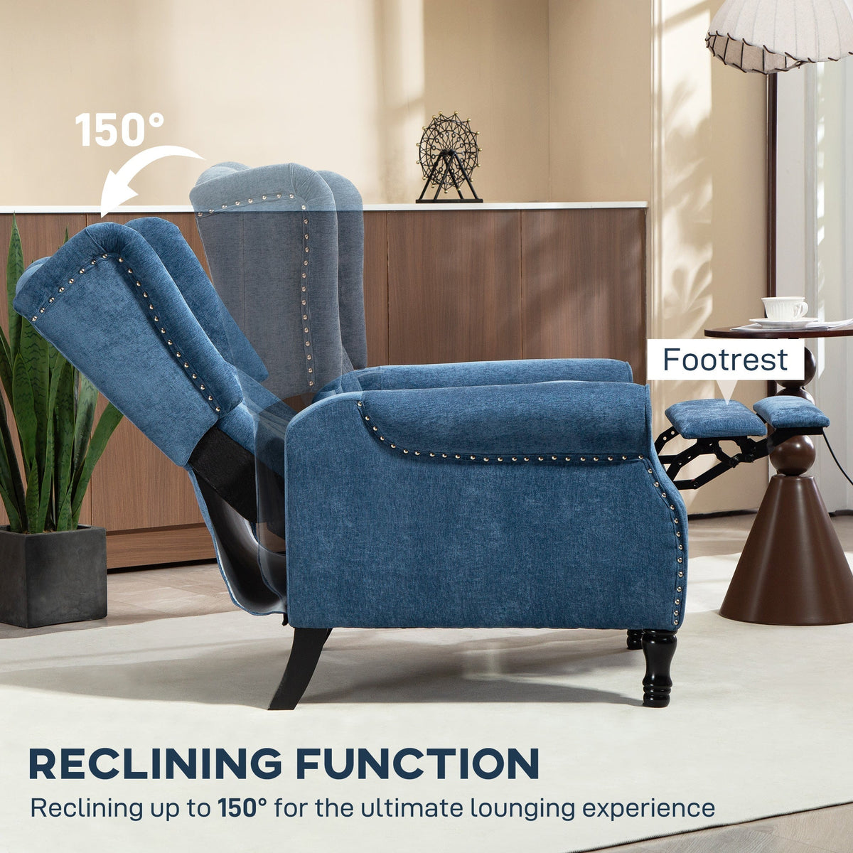 the reclining armchair shown in two positions to demonstrate the adjustable backrest angle