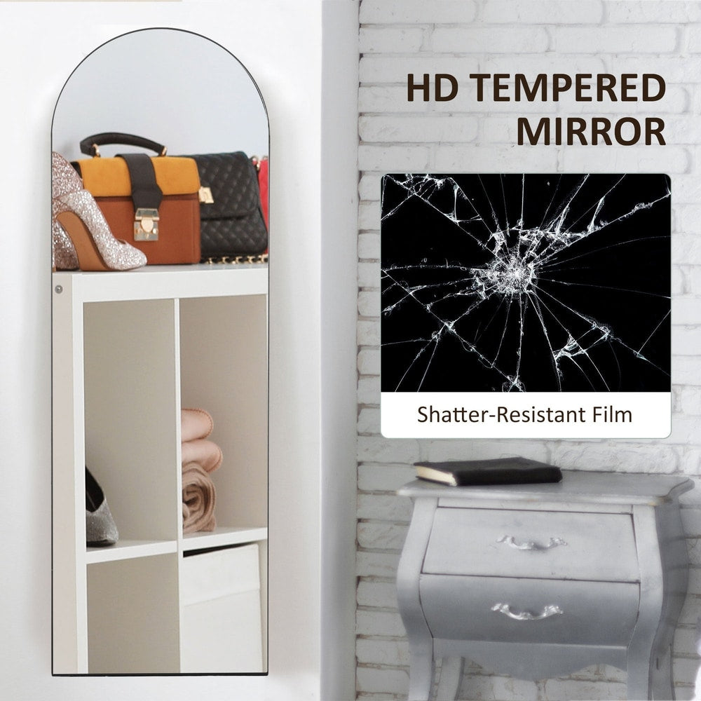 Close up of the arched full length mirror showing shatter-resistant film