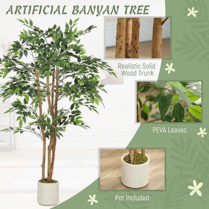Close up of the artificial ficus tree's realistic solid wood trunk and PEVA leaves