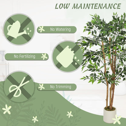 The artificial ficus tree shown with icons indicating low maintenance benefits