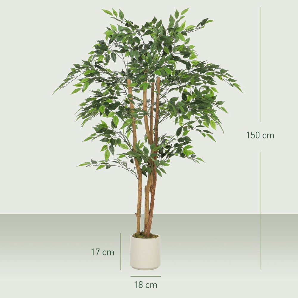 The artificial ficus tree with dimensions shown for height and pot width