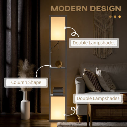 Close up of the white floor lamp shelving unit, highlighting its column shape and double lampshades
