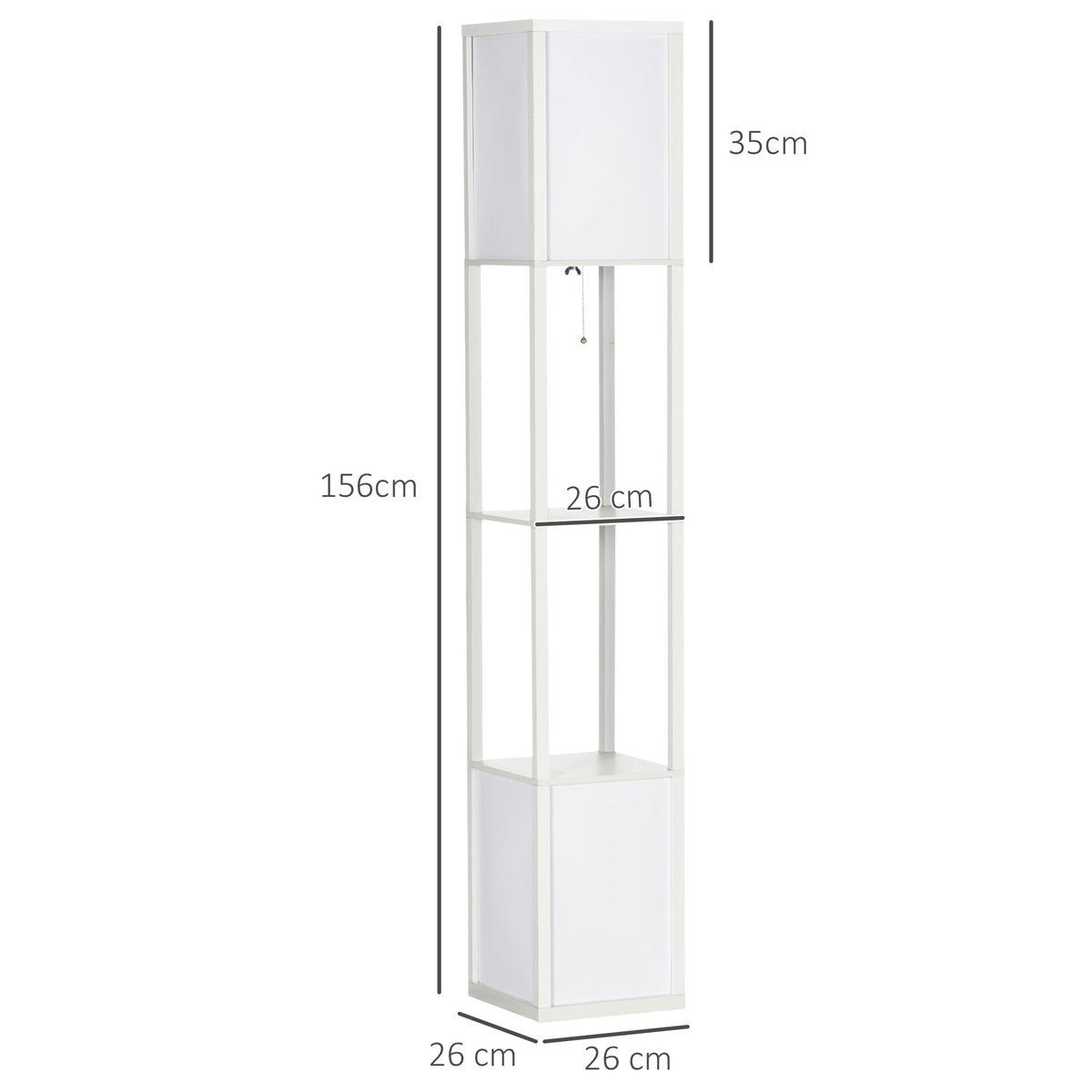 Dimensions of the white floor lamp shelving unit, showing height and shelf width