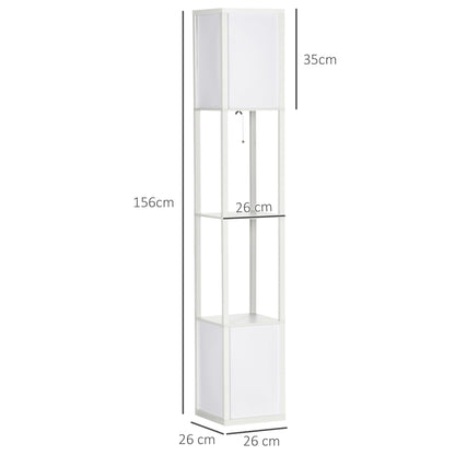Dimensions of the white floor lamp shelving unit, showing height and shelf width