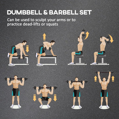 Illustrations of exercises that can be done with the dumbbell and barbell set
