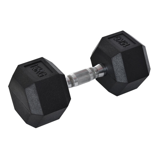 HOMCOM 15KG Single Rubber Hex Dumbbell a single black hexagonal hand weight with a silver grip