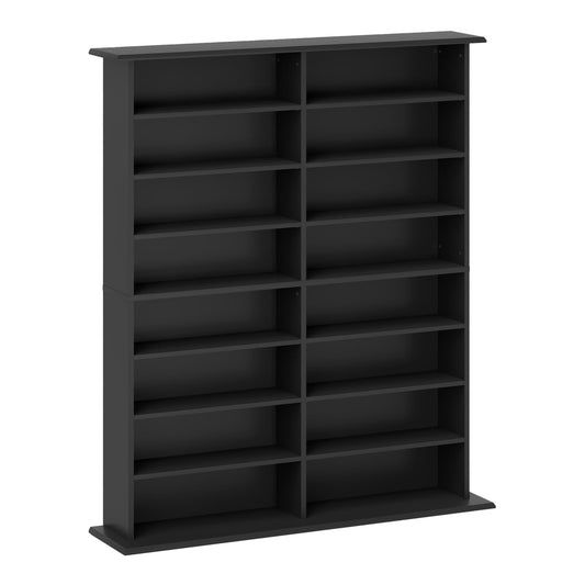 HOMCOM 16-Compartment Media Shelf in black standing against a plain white background