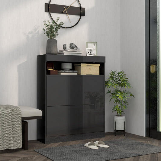 The shoe storage cabinet placed in a modern hallway with decorative items on the top shelf